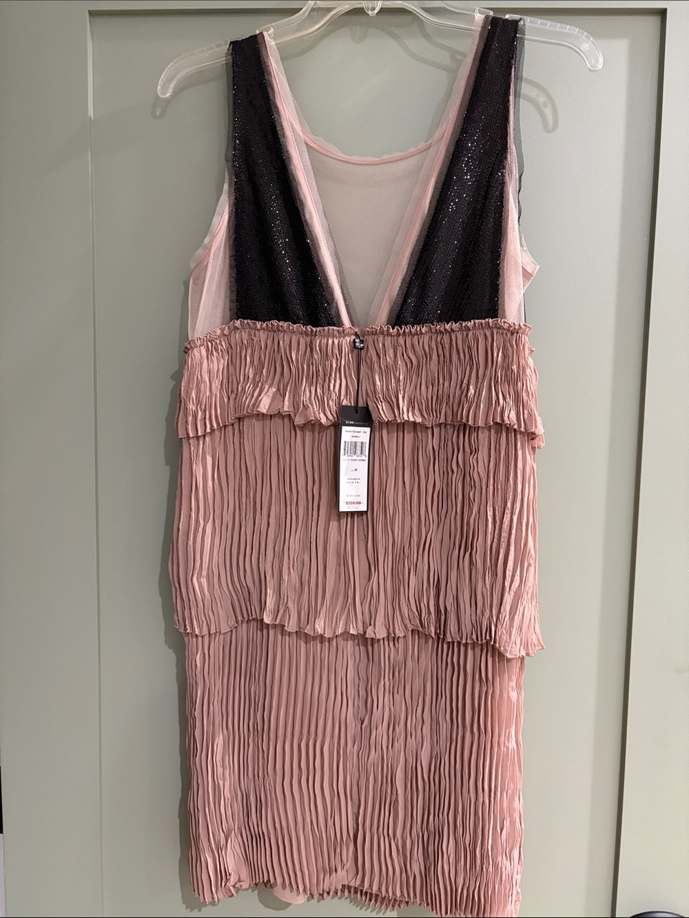 BCBGMaxAzria Pink Pleated Layered Cocktail Dress with Black Sequin Insets
